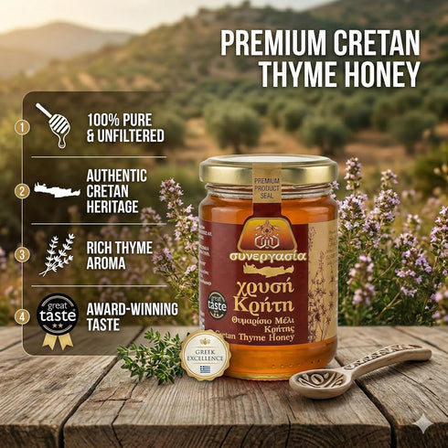 Synergasia 900g Greek Traditional Golden Thyme Honey From Crete