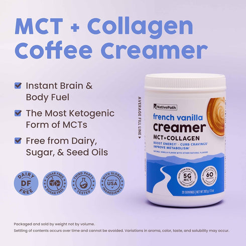 20 (7.1 oz) NativePath French Vanilla Keto Coffee Creamer, Servings - Collagen & MCT Oil Powder, Sugar Free, Non-Dairy