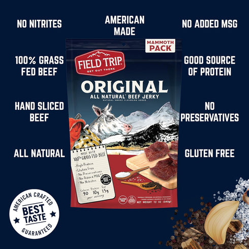 12oz Field Trip Beef Jerky, Gluten Free Jerky, Low Carb, Healthy High Protein Snacks with No Nitrates, Made with All