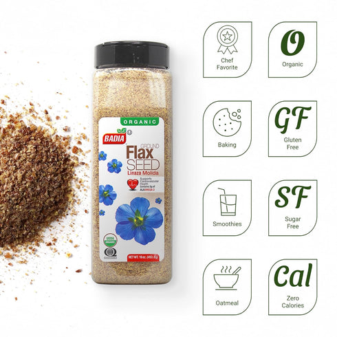 16 oz Omega-3, Badia Organic Ground Flax Seed, - Superfood High in Fiber & Certified Organic, Non-GMO, Baking