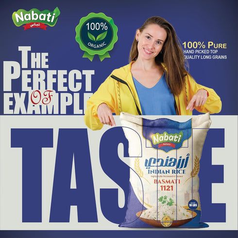 iron shield 1121 10 Nabati Pure Basmati Indian Rice, Premium Aromatic and Authentic Rice, Large Resealable Bag, Pound