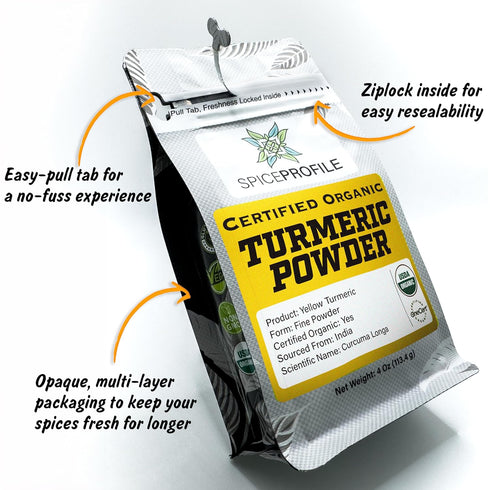 Organic Turmeric Powder (Curcumin) from India by Spice Profile | USDA Certified Organic | 4oz Resealable Pouch | Distinct Pungent Aroma, Ginger & Pepper Like Flavor | Premium Spice for Everyday Use
