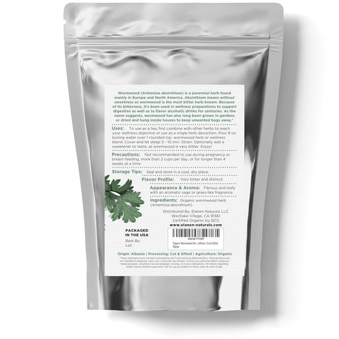 2 oz. (57g), Elanen Naturals Organic Wormwood Herb USDA Certified Organic Artemisia absinthium, Wormwood Herb Tea, Worm