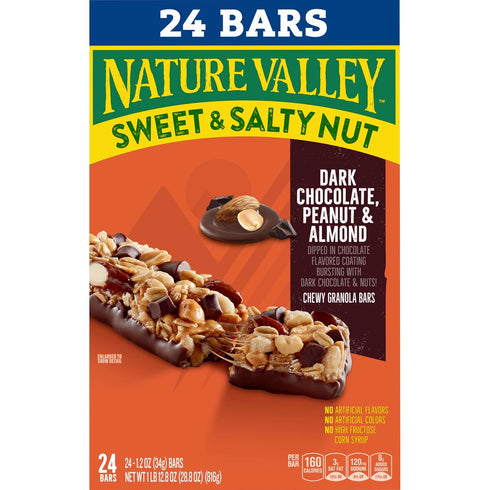 24 28.8 oz Nature Valley Sweet and Salty Nut Granola Bars, Dark Chocolate Peanut Almond, Bars