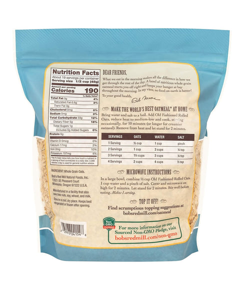 32oz (Pack 4) Bob's Red Mill Old Fashioned Regular Rolled Oats, of - Non GMO, Whole Grain, Vegan, Kosher