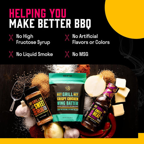 Hey Grill Hey | Chicken Wing Seasoning & Sauce Kit | All-in-one Crispy Batter, BBQ Rub, and Sweet Heat BBQ Sauce | Wing