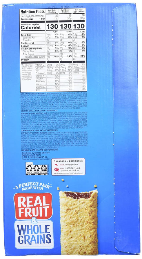 Kellogg's 1.3 Oz, 64 Count Cereal Bars Nutri-Grain Breakfast Bars, Variety, Strawberry,Blueberry