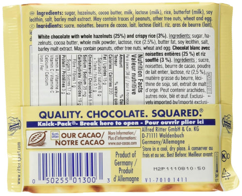10 Count Ritter Sport Chocolate Bar, White Chocolate, Whole Hazelnuts