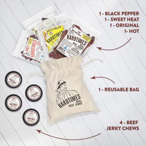 5 Pack 2.25 oz 4 Hardtimes Beef Jerky - Variety, Specialty Gift Bag - Great Gift for Father's Day, Holiday, & Birthday