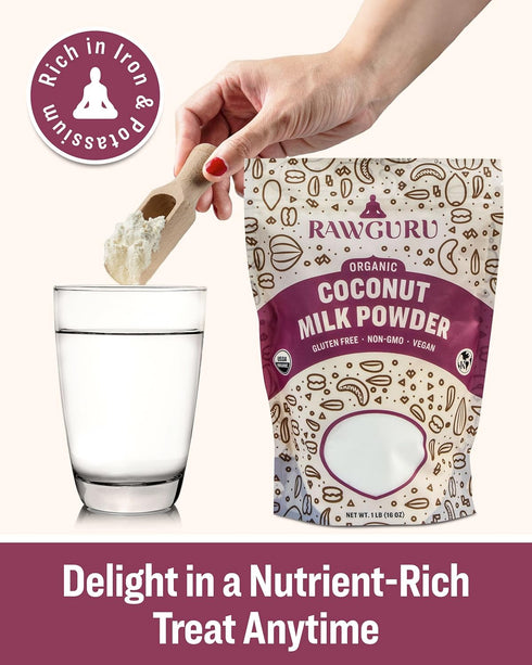 48 oz, Pack 1 RawGuru Organic Coconut Milk Powder - Vegan & Nutrient-Dense Powder with Iron & Potassium - Rich & Creamy