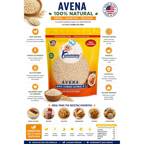 Yummmy 2 Lb (32 Oz), Quick Cooking Oatmeal, Kosher Certified, Hojuelas de avena