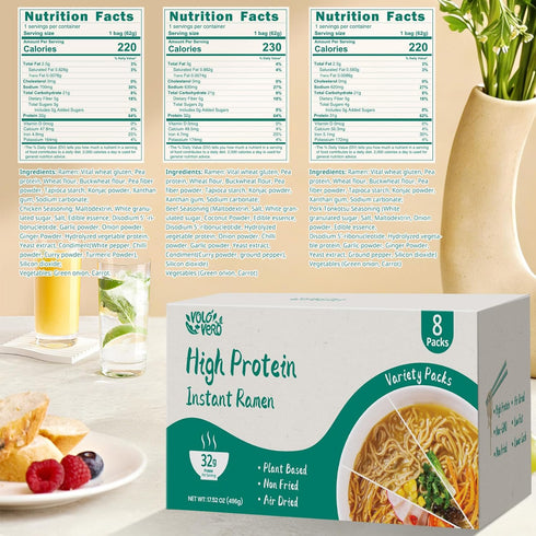 (32g) Packaged 8 Packs VOLO VERO High Protein Instant Ramen Variety Noodles Soup, Chicken, "Spicy" Beef, Pork Tonkotsu