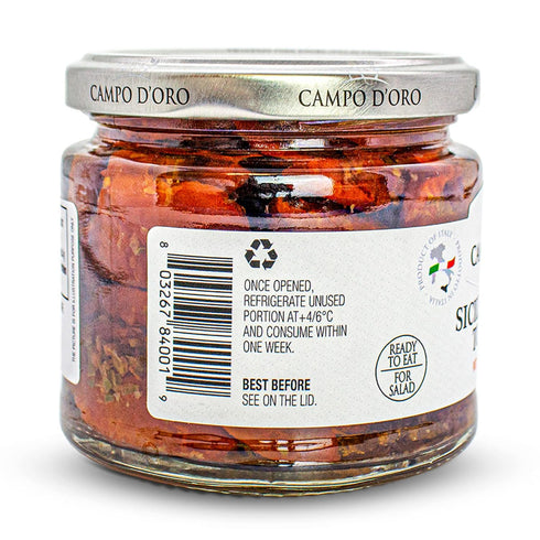 6.35oz, 100% CAMPO D'ORO - Sundried Cherry Tomatoes in Oil, Made with Fresh Basil, Glass Jar made in Italy, Sicilian