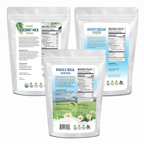 3 1 lb Z Natural Foods Milk & Cream Powder Trio Organic Coconut Milk, Heavy Cream & Whole Milk Powders Non-GMO