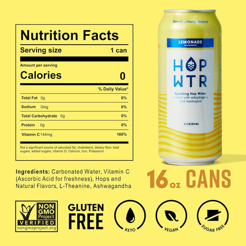 (12 Pack) (16 oz HOP WTR - Sparkling Hop Water - Lemonade - No Calories or Sugar, Low Carb and Added Benefits Cans)