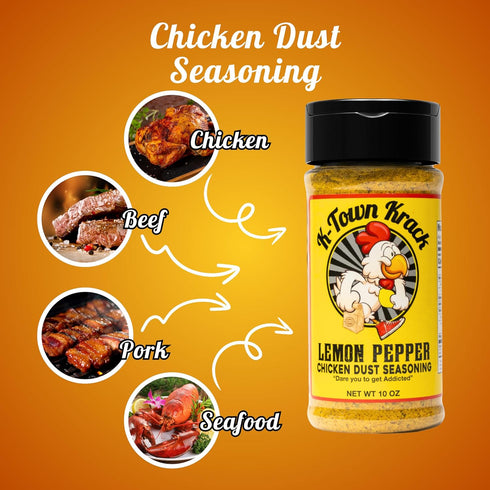 K-Town Krack Lemon Pepper Chicken Dust Seasoning, 10oz | All-Purpose Seasoning & BBQ Rub for Chicken, Beef, Pork