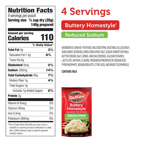 4 (Pack 12) Idahoan Reduced Sodium Mashed Potatoes, Buttery Homestyle, Ounce