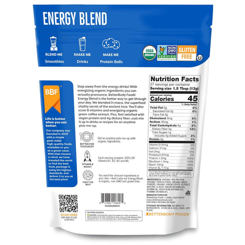 12.7 BetterBody Foods Organic Energy Blend, Plant-Based Protein Blend made with Naturally Energizing Green Coffee