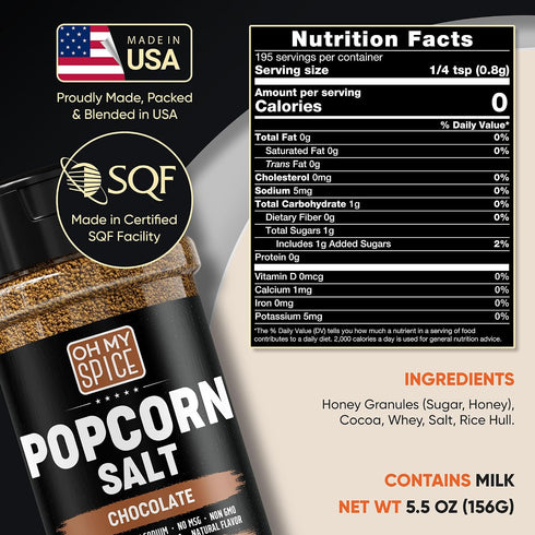 5.5oz Popcorn Salt Chocolate Powder Mix - Gluten Free & Low Sodium Cocoa Powder Popcorn Salt Seasoning. Movie Night Pop