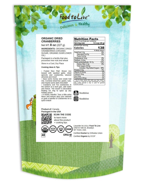 Food to Live Organic Dried Cranberries, 8 Ounces, Non-GMO, Kosher, Unsulfured, Bulk