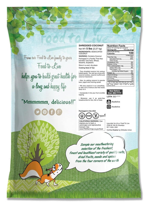 5 Food to Live - Shredded Coconut, Pounds Unsweetened Coconut Flakes, Desiccated, Kosher, Vegan, Bulk. No Sulfites