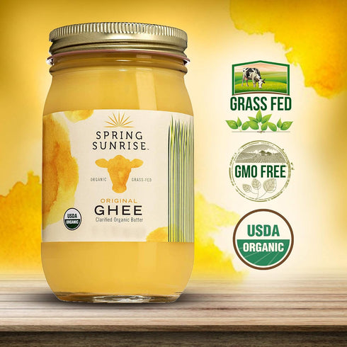 16 oz, Spring Sunrise Organic Grass-Fed Ghee USDA Certified Clarified Butter, Keto & Paleo Friendly Cooking Oil