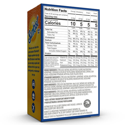 Pack, (20 Sunkist Soda Variety Singles To Go Orange, Strawberry, Grape and Peach Total Sticks)