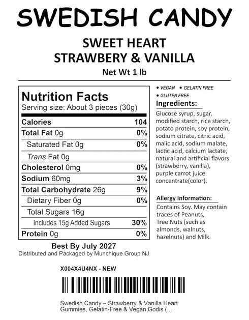 Munchique Gummies, (1 LB Swedish Candy Strawberry & Vanilla Heart Gelatin-Free & Vegan Godis Resealable Bag)