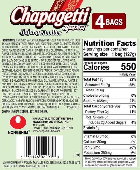 4.5 (Pack 4) Nongshim Ramen Noodles, Gourmet Instant Ramen, Premium Microwavable Noodle, Chapagetti, Ounce