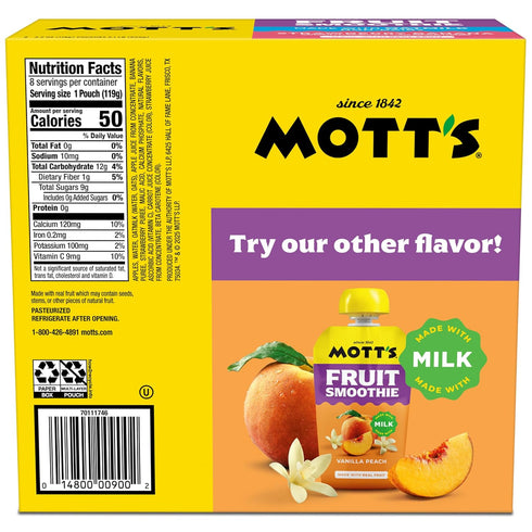 4.2 oz 8 Pack, Motts Fruit Smoothies Strawberry Banana, clear pouches, Non-dairy, Made With Oatmilk, Made With Real
