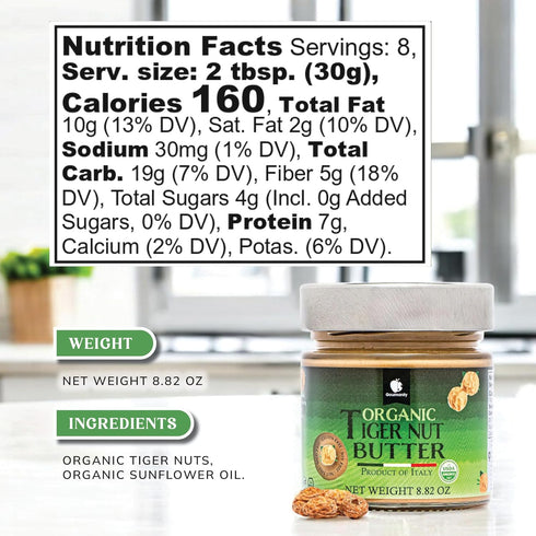 30 8.8oz 250g Gourmanity Organic Tigernut Butter, Sweet and Nutty Tasting Nut Free Peanut Butter Alternative, Compliant