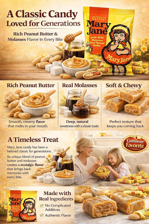 Generic 3 oz. 2pack Mary Jane - Chewy Molasses and Peanut Butter Candy - Gluten Free, Kosher, Vegan - Bite Size Candy