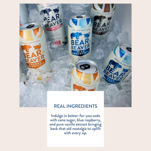 100% 12 Pack 16 Oz Bear 'n Beaver Premium Blue Creamsicle Craft Soda Soft Drinks - Cane Sugar & Pure Vanilla - Vegan