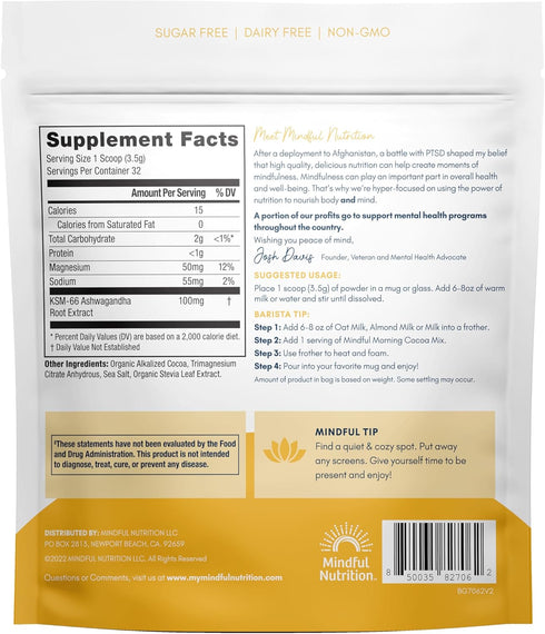 Mindful Morning Sugar Free Hot Chocolate Mix with Organic Ashwagandha and Magnesium Supplements to Relax the Mood