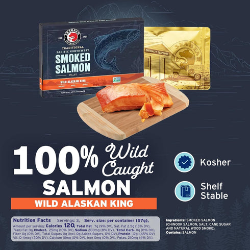 6oz 6 SeaBear Smoked Wild King Salmon Fillet Gift Box - Wild Alaska King Salmon Fillet, Shelf Stable, Ready to Eat