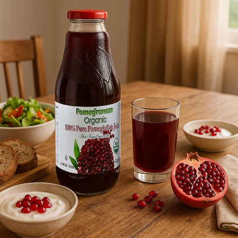 Pomegranaze 100% 33.8 Oz (2 Pack) Organic Pomegranate Juice, Glass Bottle No Sugar, No Artificial Colors, No