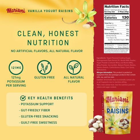 7oz Mariani Vanilla Yogurt Covered Raisins Resealable Bag Sweet & Creamy Snack, Real California Raisins, Kosher