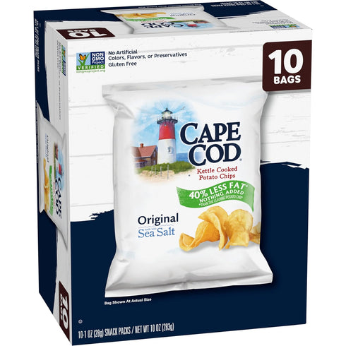 1 Oz 10 Cape Cod Potato Chips, Less Fat Original Kettle Chips, Snack Bags, Ct