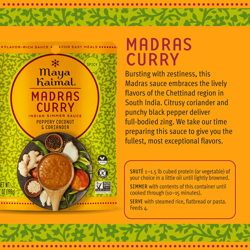 Simmer 7oz Maya Kaimal Indian Sauce, Tikka Masala, Madras Curry & Spicy Vindaloo, Easy Pour Pouch | Vegetarian, Gluten
