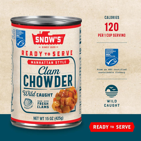 15 oz (Pack 12) 11g Snow's Manhattan Clam Chowder, Can of - Protein per Serving - Ready-to-Serve Authentic Manhattan