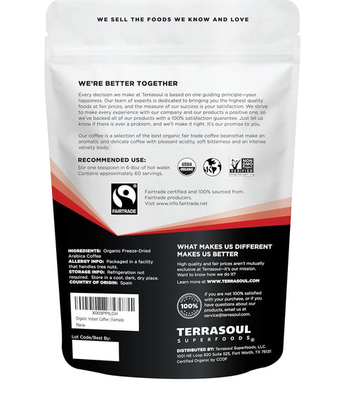3.5 oz Terrasoul Superfoods Organic Freeze-Dried Instant Coffee, - Fairtrade | Arabica Beans | Fresh Taste | Medium