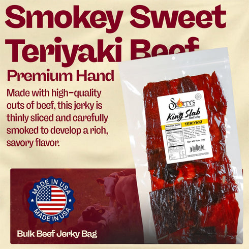 Scotty's Country 16 oz Hand-Trimmed Scottys Smokehouse King Slab - Teriyaki, Beef Jerky, Large Bulk Beef Jerky Bag