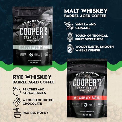 Set 4-Bag 4 (Pack 4)) Bourbon & Whiskey Barrel Aged Coffee Box - Roasted Coffee Sampler - Bourbon Colombian, Malt