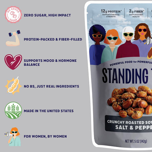 12g 2g 0g 3 Count Pack, 5oz Standing Tall Roasted Soybean Salt & Pepper protein, fiber, sugar, Plant-Based Vegan Snack