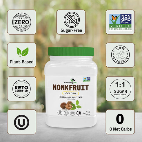 2.5 lb, 1:1 2.5 lb Morning Pep Monk Fruit Sweetener, golden Sugar Substitute, Keto Friendly, Sugar Replacement, Zero