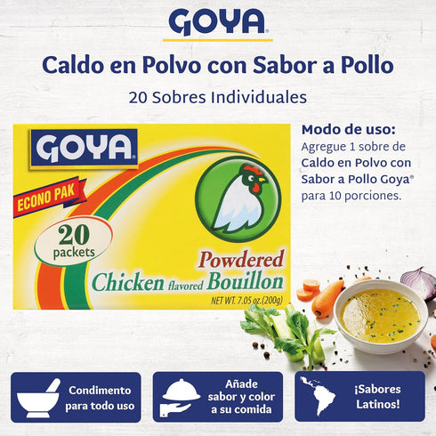 Packets, 7.05 oz (2-Pack), Goya Chicken Bouillon Powder Instant Broth and Seasoning for Soups, Stews, Rice, and Gravy