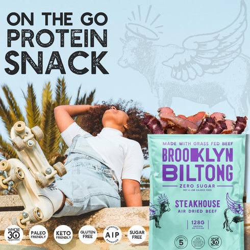 Brooklyn Biltong Air Dried Grass Fed Beef Snack, South African Jerky (8 oz, Pack of 1) - Whole30 Approved.