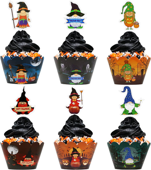 Halloween Cupcake Wrappers Set, 48 Pcs (24 Wrappers + 24 Toppers) for Spooky Gnomes Party Decorations