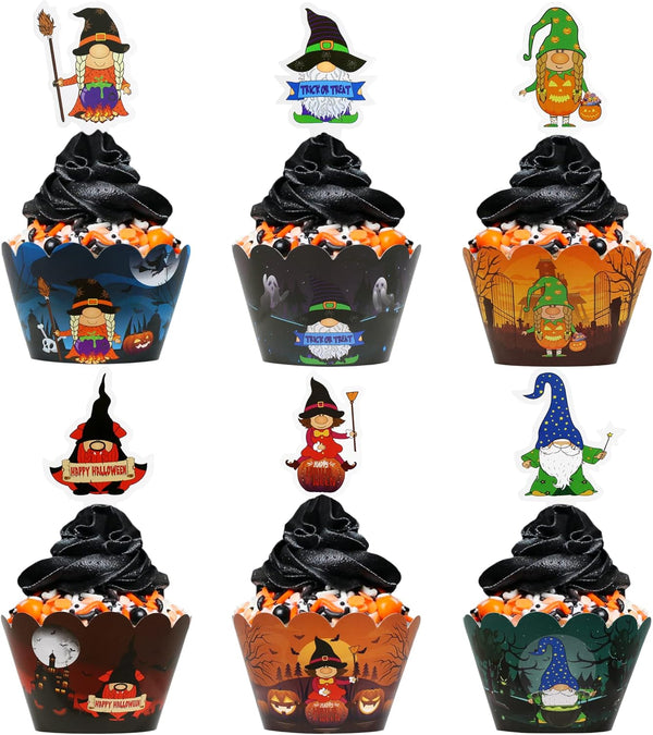 Halloween Cupcake Wrappers Set, 48 Pcs (24 Wrappers + 24 Toppers) for Spooky Gnomes Party Decorations