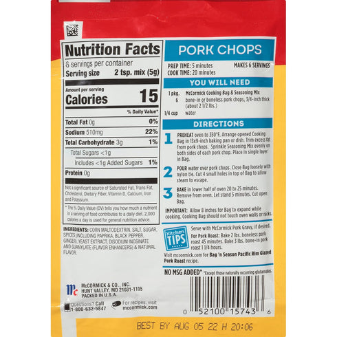 1.06 oz (Pack 6) McCormick Bag 'N Season Pork Chops Cooking Bag & Seasoning Mix